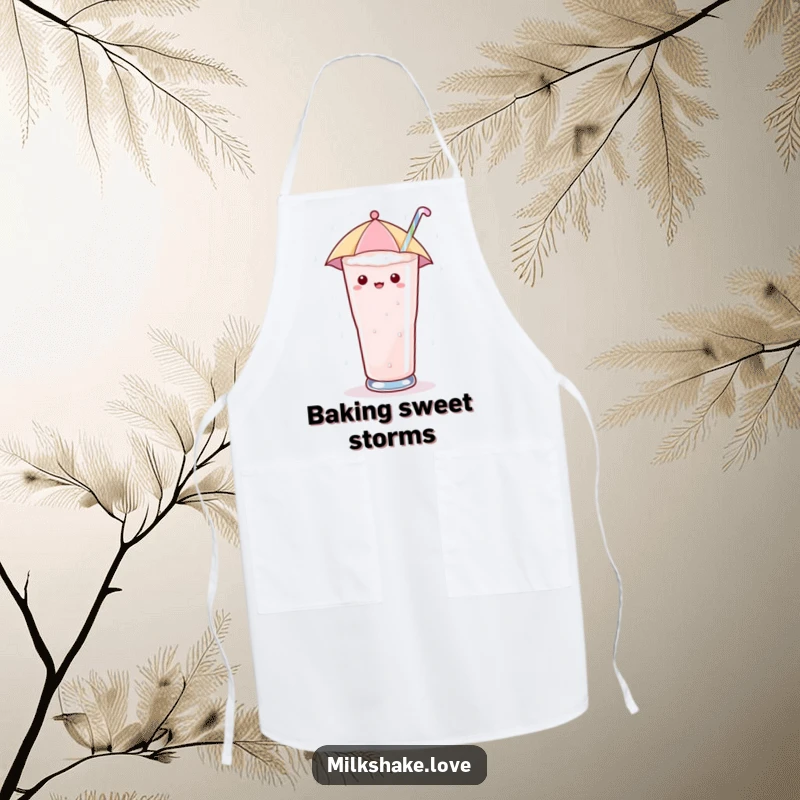 Funny Apron showing a kawaii milkshake glass with a tiny umbrella, enjoying sugary rain, perfect for sweet kitchen fun.