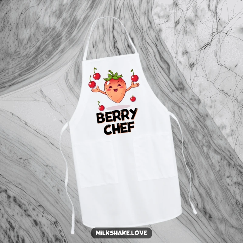 Funny Juggling Strawberry Apron: A smiling strawberry with arms outstretched joyfully juggling cherries, ready for kitchen fun.