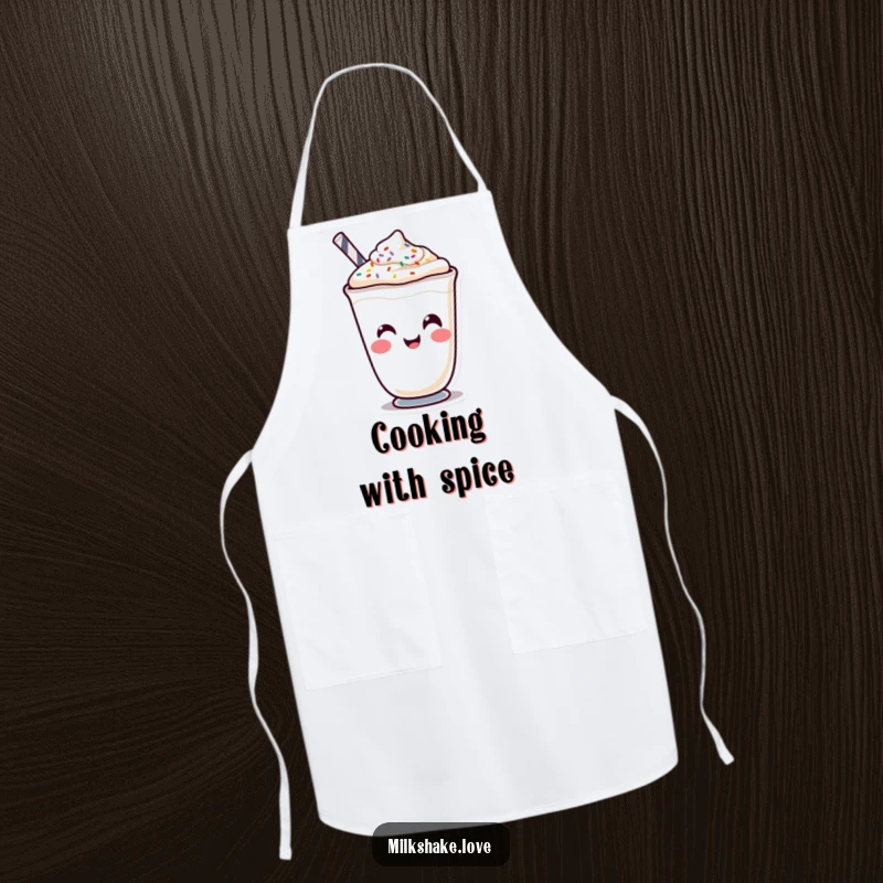 Funny Kawaii milkshake character making a funny face with sprinkles on a kitchen apron, adding humor to cooking.