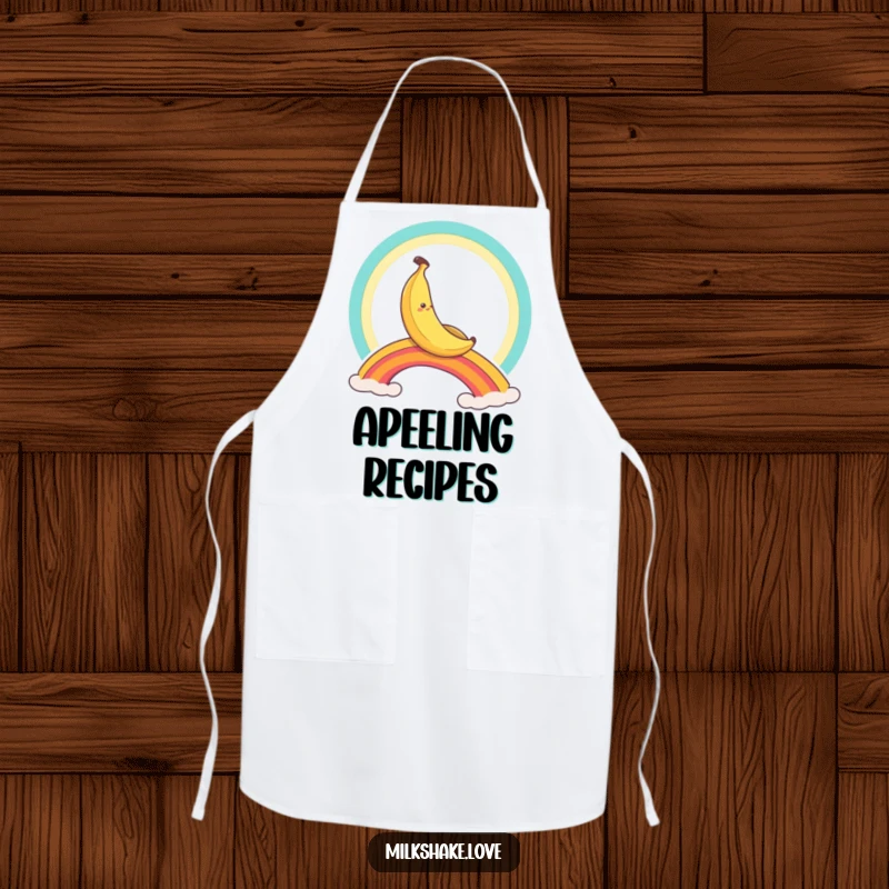 Funny banana character slides down a rainbow, a humorous and functional apron for cooking.