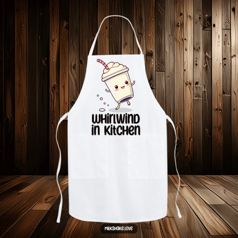 Funny Apron showing a kawaii milkshake cup doing a cartwheel with bubbly drops, perfect for kitchen fun and energetic cooks.