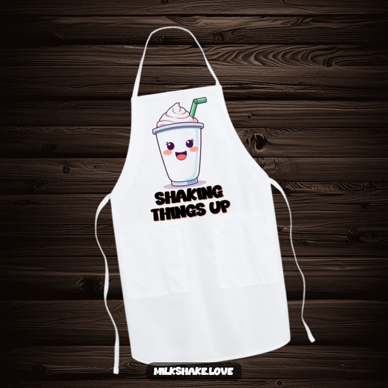 Funny Apron: A happy milkshake cup character with a straw cheering, perfect for adding fun to cooking and baking activities.