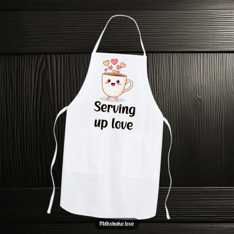 Funny coffee cup character with little feet pouring hearts on a kitchen apron, great for adding love to cooking.