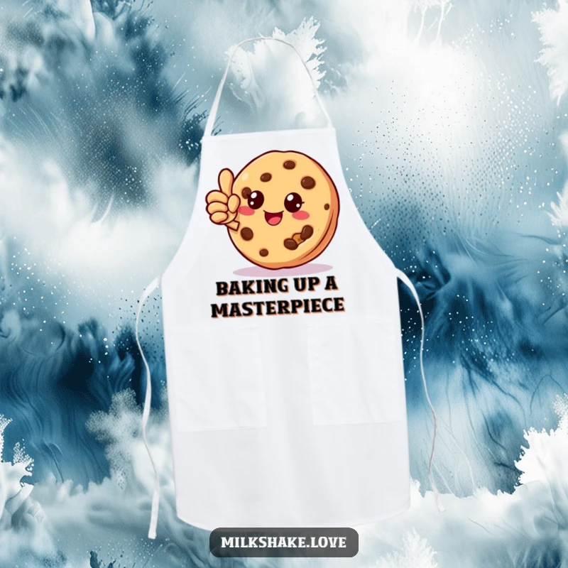 Funny cookie character with a missing crumb giving a thumbs up on a kitchen apron, great for baking fun.