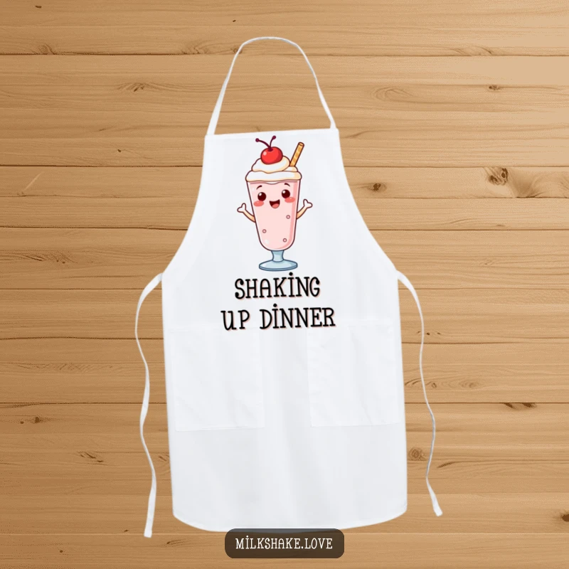Funny apron showcasing a happy, cherry-topped milkshake doing a little jig while cooking, adding humor to kitchen tasks.