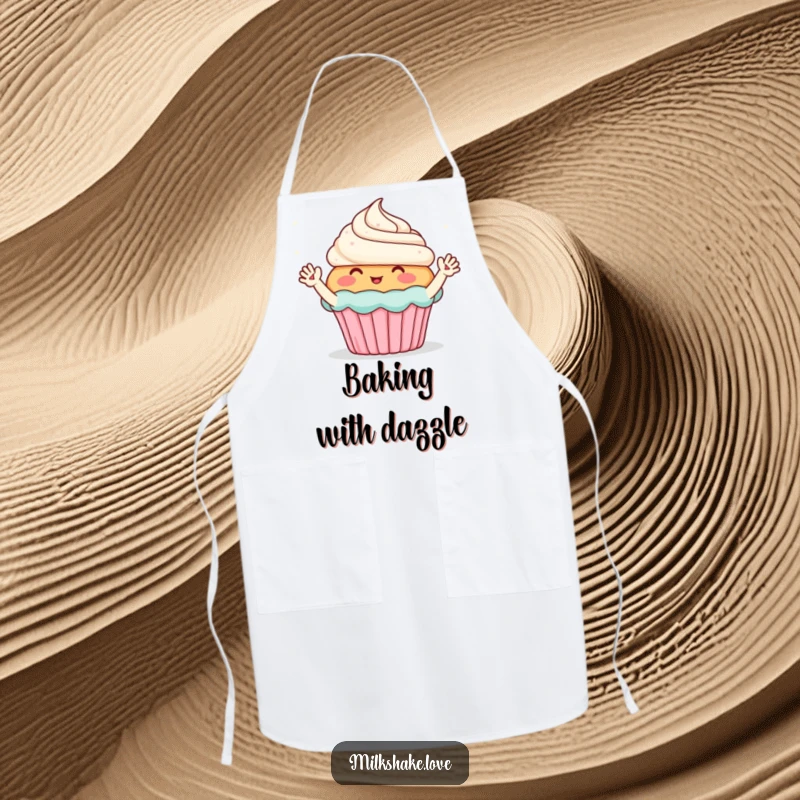 Funny apron depicting a blushing cupcake with tiny waving arms, enthusiastically greeting sparkles, adding sweet charm to kitchen activities.