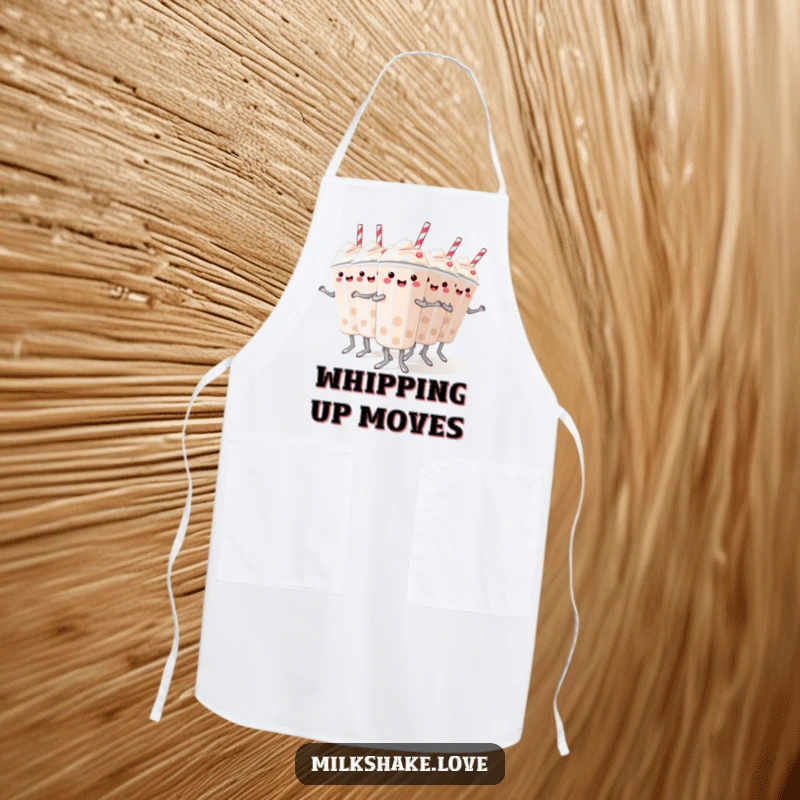 Funny apron with mini milkshakes doing a synchronized dance, a humorous and practical item for kitchen performances.