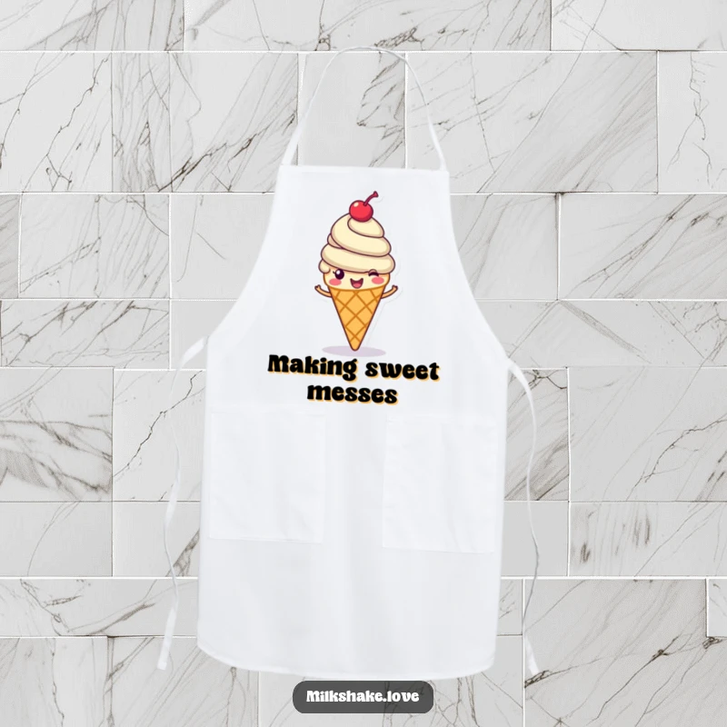 Funny ice cream cone apron, a cheerful ice cream cone with a cherry on top spinning happily, kitchen funny gift.