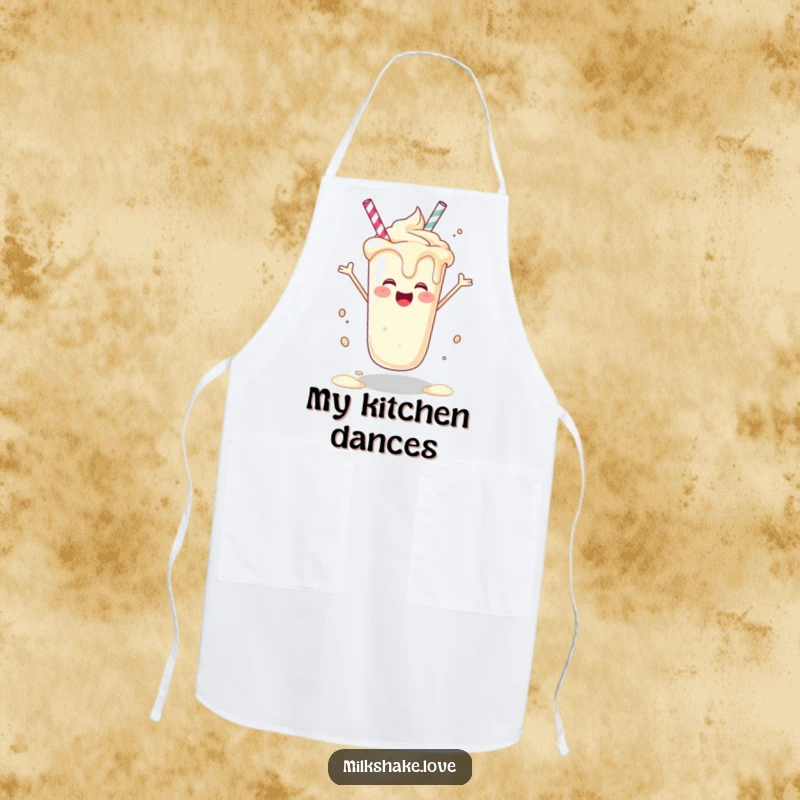 Funny joyful milkshake on an apron, spinning and dripping, perfect for a funny gift.