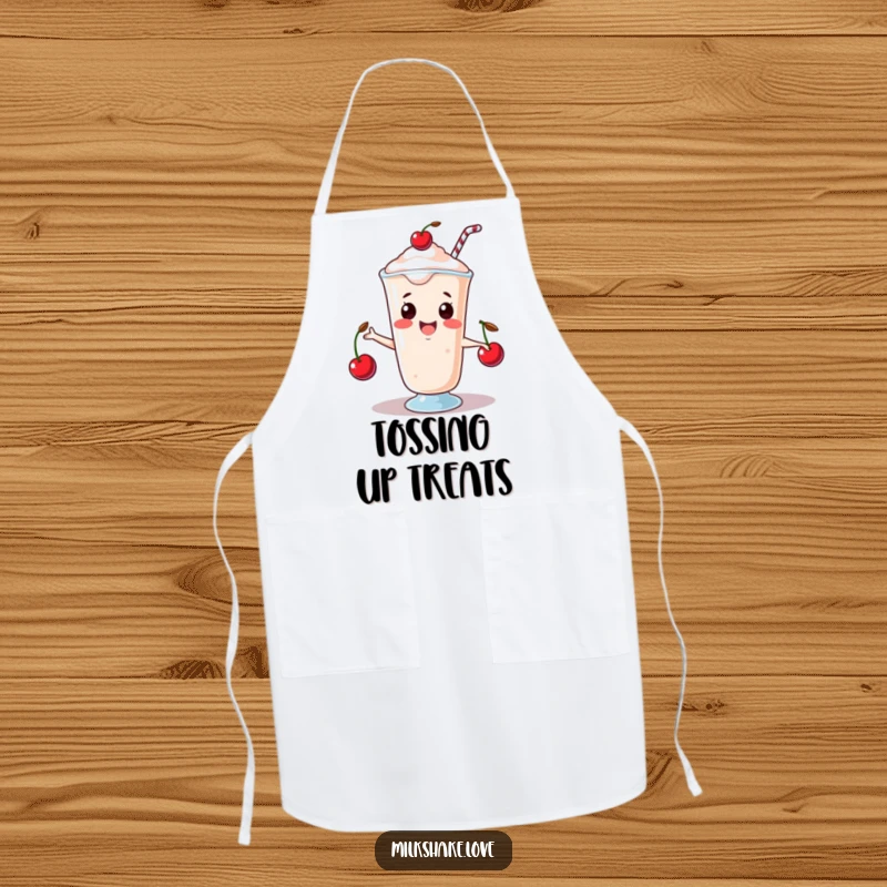 Funny Apron showing a happy kawaii milkshake juggling three tiny cherries, perfect for kitchen fun and skillful cooks.