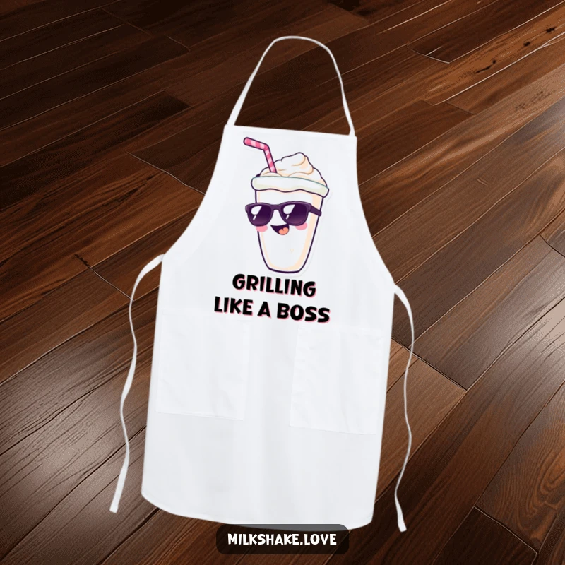 Funny kawaii milkshake character with a wide grin and sunglasses, a humorous design for a kitchen apron.
