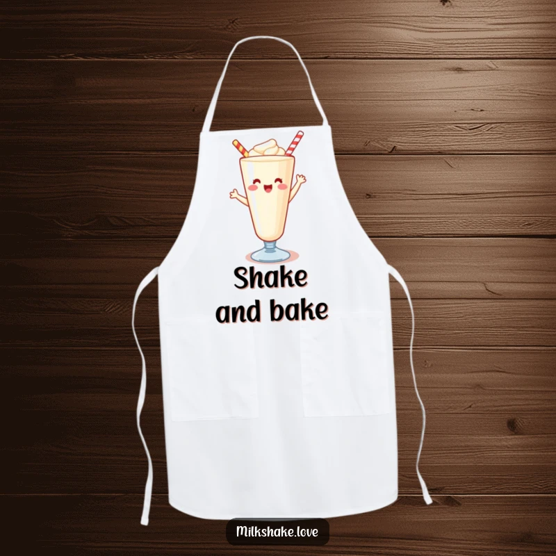 Funny Kawaii milkshake apron, depicting a cheerful beverage dancing while cooking, perfect for a fun kitchen experience.