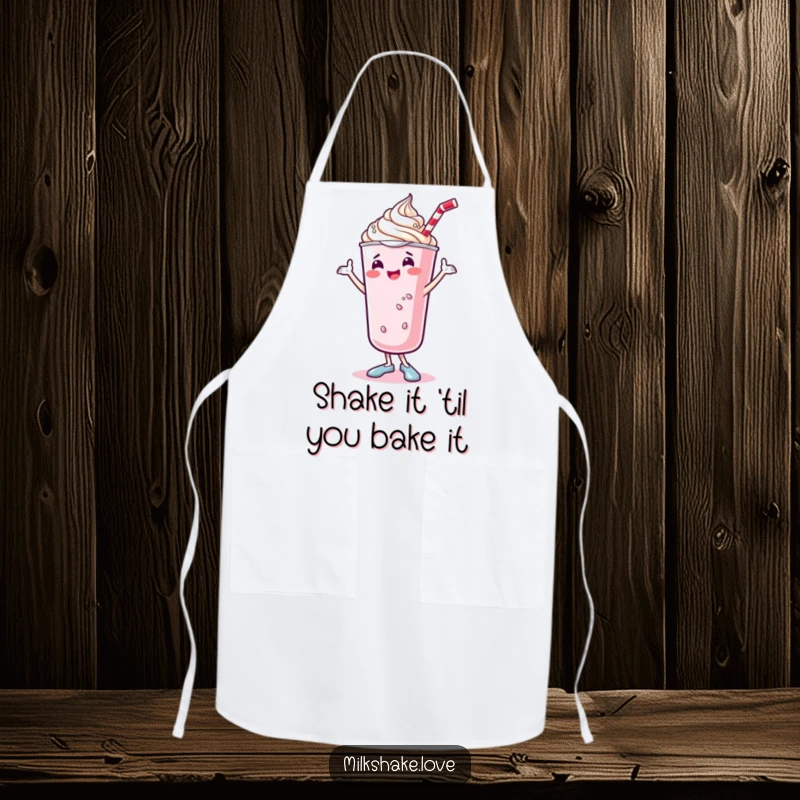 Funny kawaii milkshake apron showing a cute, dancing milkshake with whipped cream doing a joyful shimmy, perfect for a fun cooking experience.