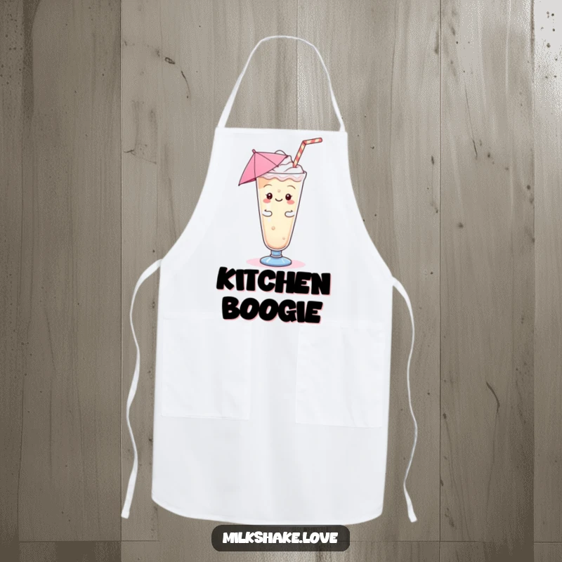 Funny Kawaii Milkshake Apron: A kawaii milkshake character doing a silly jig, adding humor to kitchen wear.