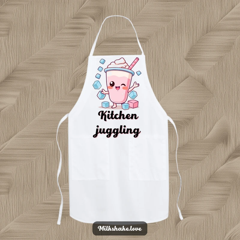 Funny Kawaii Milkshake Apron: A kawaii milkshake character juggling ice cubes, adding humor to kitchen attire.