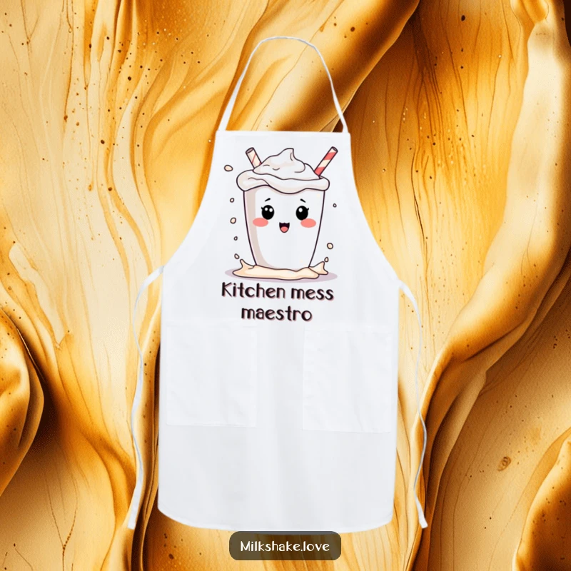 Funny kawaii milkshake character playfully splashing its contents, on a functional and funny kitchen apron, a sweet gift.