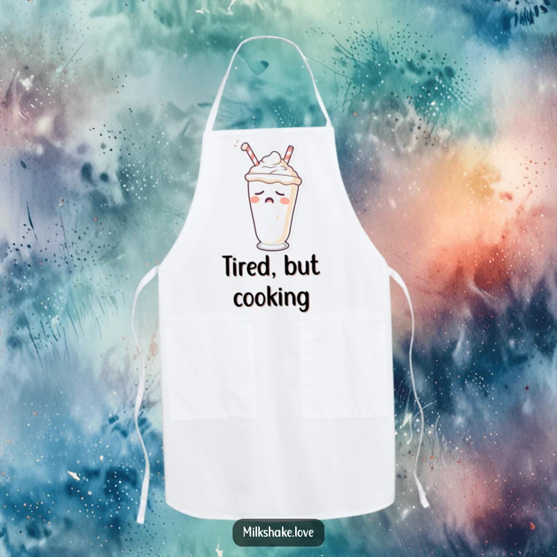 Funny apron showing a sleepy milkshake character yawning with a drooping straw, perfect for tired cooks.