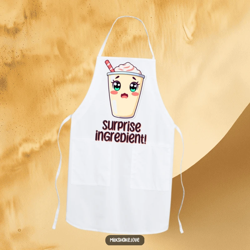 Surprised kawaii milkshake cup with big eyes doing a double take, a humorous apron for kitchen fun.