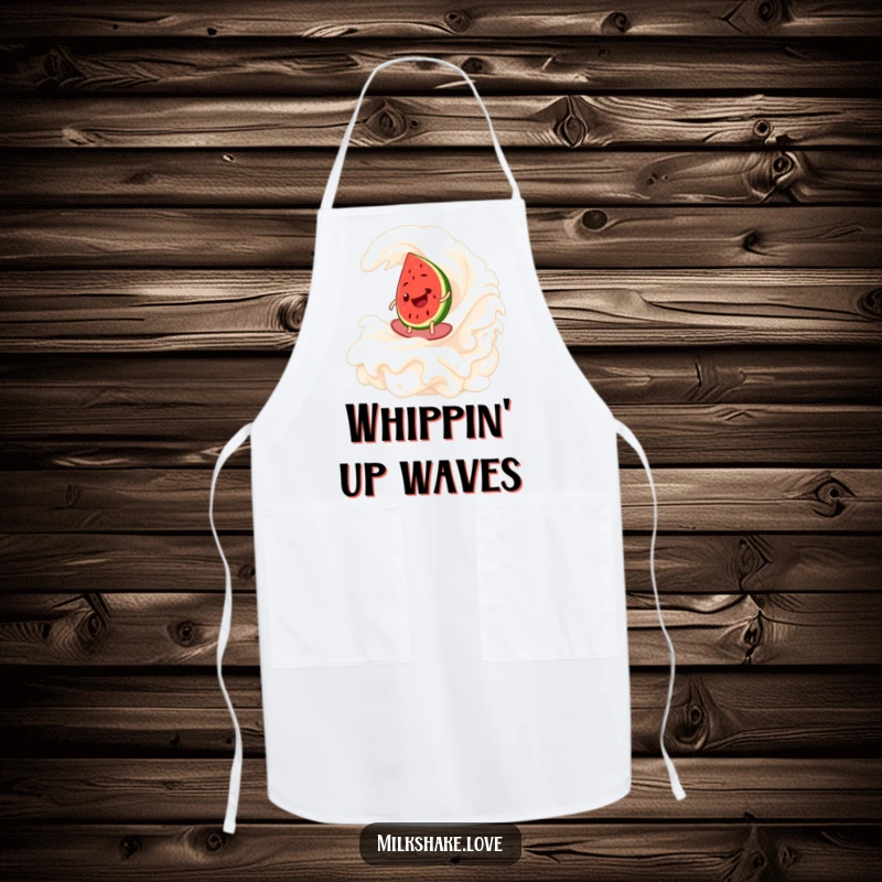 Funny Watermelon Surf Apron showing a happy watermelon slice riding a frothy whipped cream wave, ideal for cheerful cooking sessions.