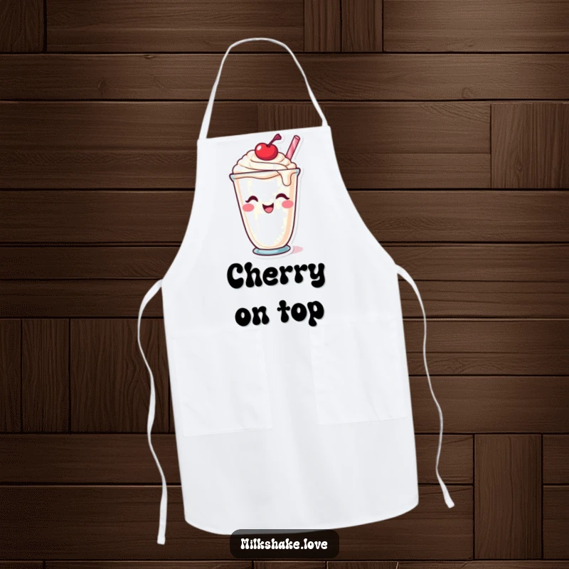Funny Apron: A charming milkshake cup character winking with a cherry on top, perfect for adding playful style to cooking.