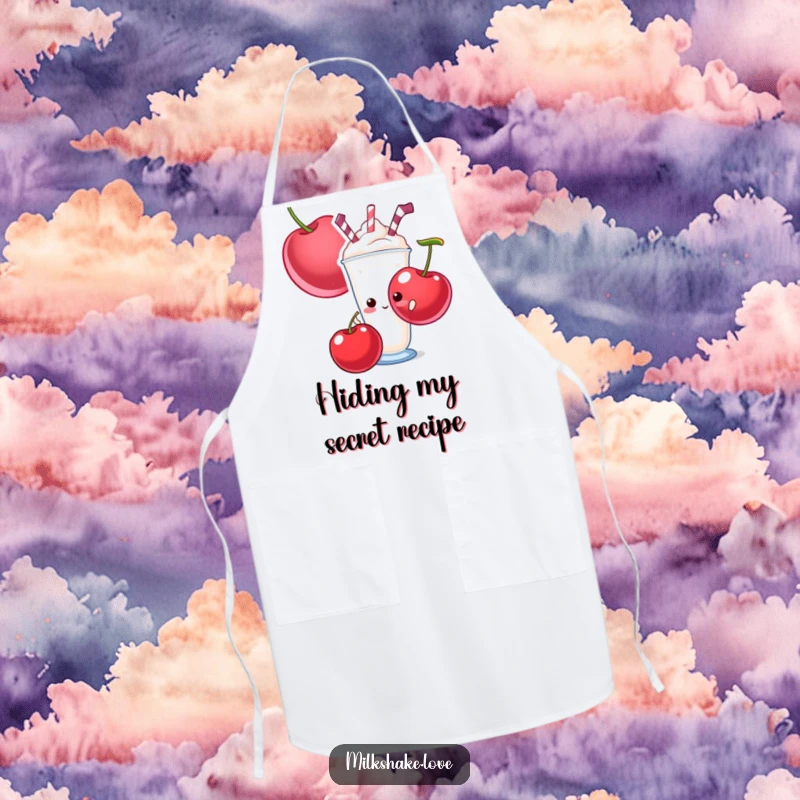 Funny kitchen apron featuring a shy milkshake peeking from behind a giant cherry, perfect for sweet kitchen moments.