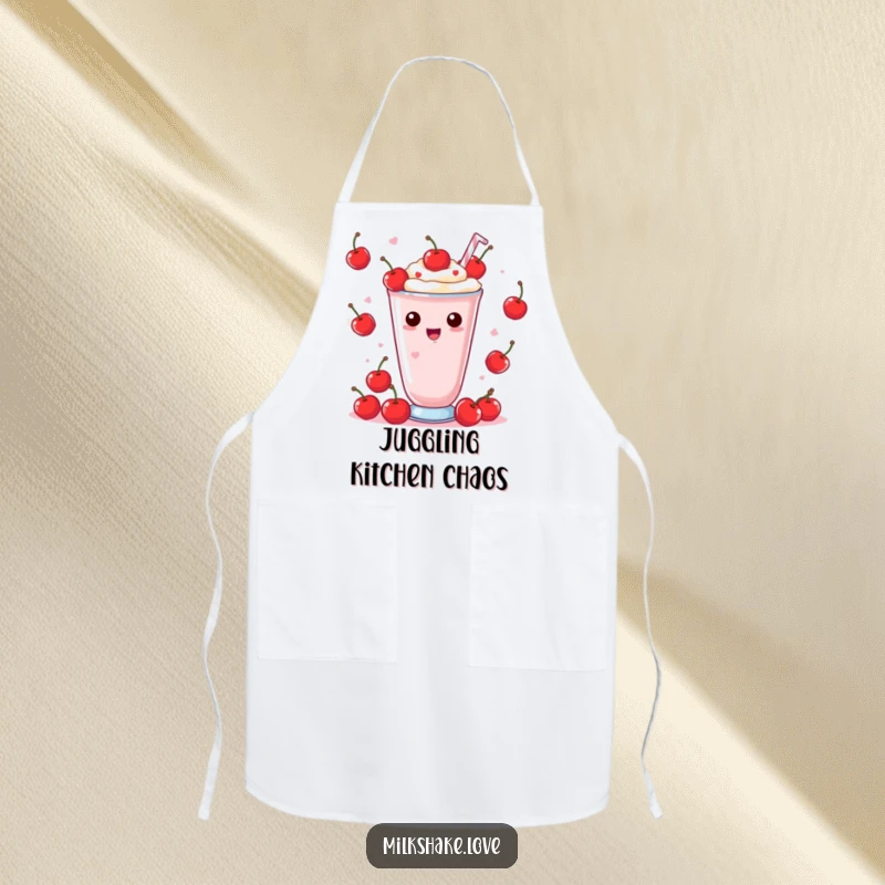 Funny Apron showing a Kawaii milkshake skillfully juggling red cherries with a look of pure delight while you cook.