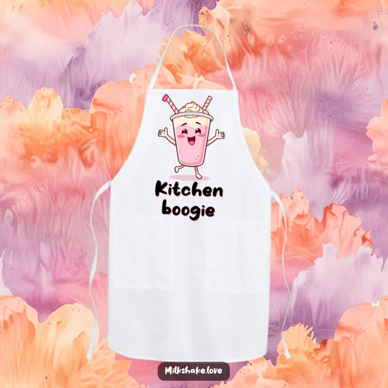 Funny Dancing Milkshake Cup Apron, a cartoon character in a silly, energetic dance, perfect for adding humor and fun to kitchen tasks.