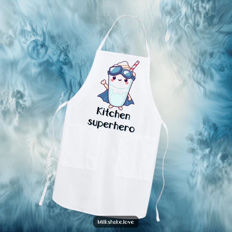 Kawaii milkshake character in a superhero costume, depicted on an apron for a heroic cooking experience.