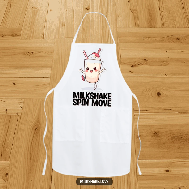 Funny Kawaii Milkshake Apron: A chef's apron with a cheerful cartoon milkshake character performing a cartwheel, perfect for baking fun.