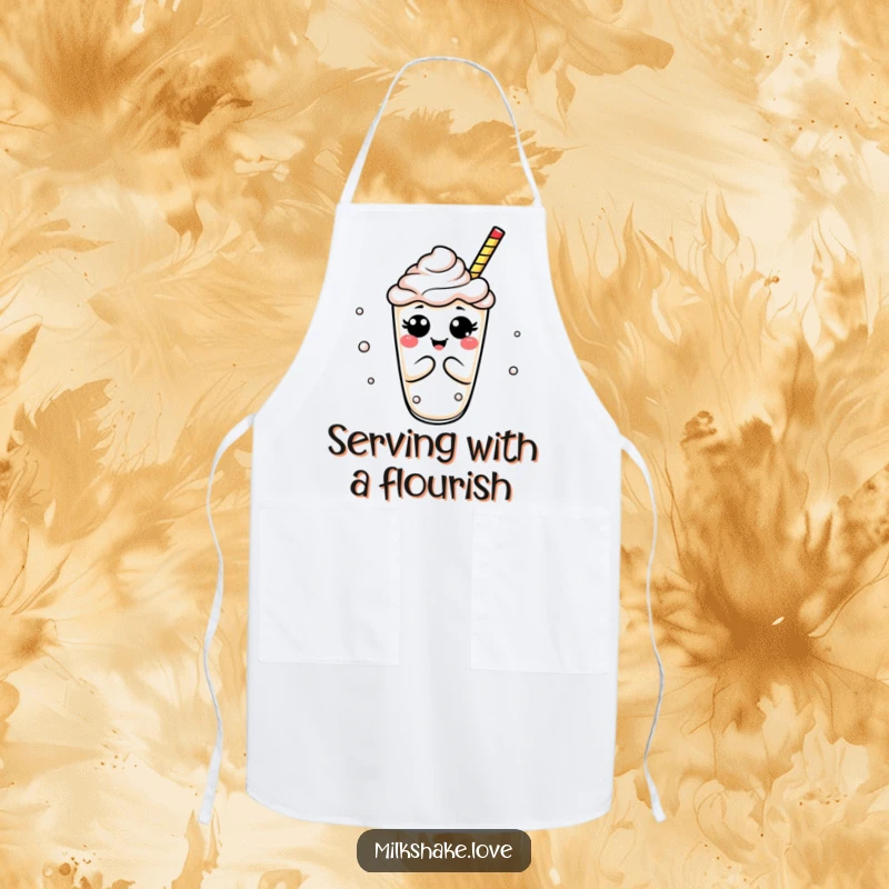 Funny milkshake apron showing a bubbly drink in an exaggerated, comical bow, great for a kitchen gift.