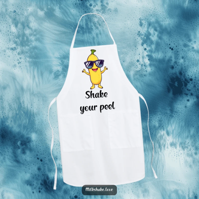 Funny apron depicting a giggling banana in oversized sunglasses, performing a lively disco pose, perfect for a humorous kitchen.