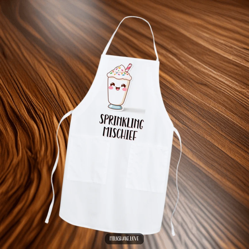 Funny Kawaii Milkshake character making a funny face using sprinkles on a cute kitchen apron.