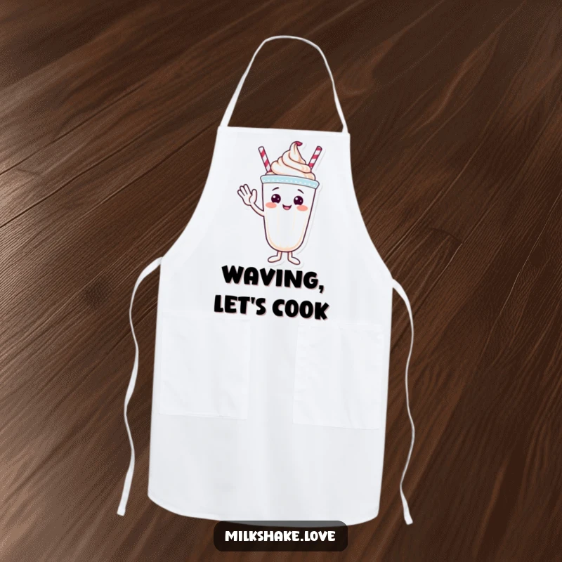 Funny apron with a friendly milkshake character waving hello, topped with whipped cream.