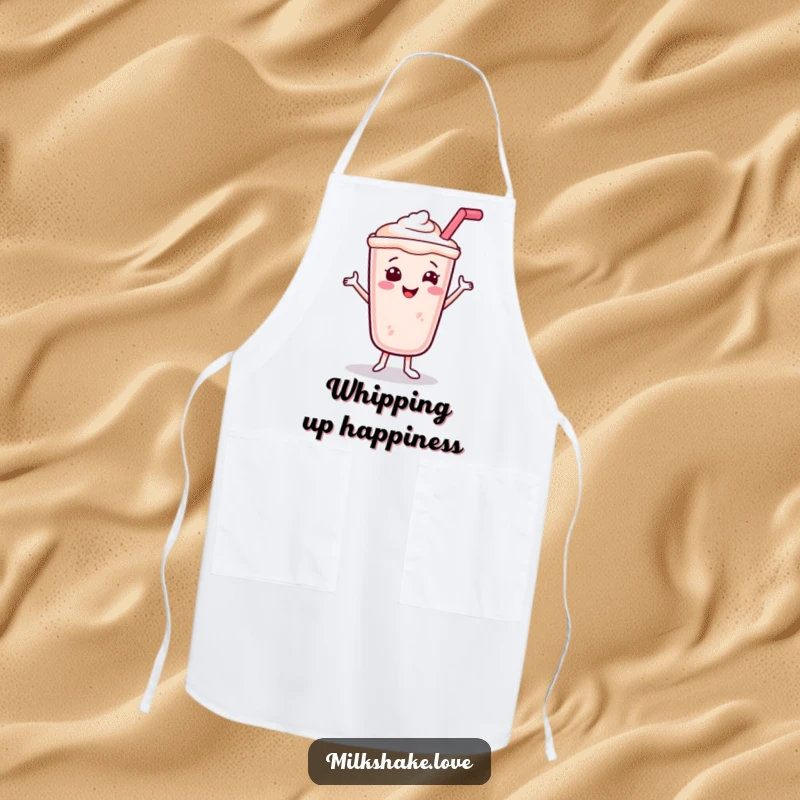 Funny Smiling Milkshake Apron showing a happy dancing milkshake with a straw, perfect for kitchen fun and sweetness.