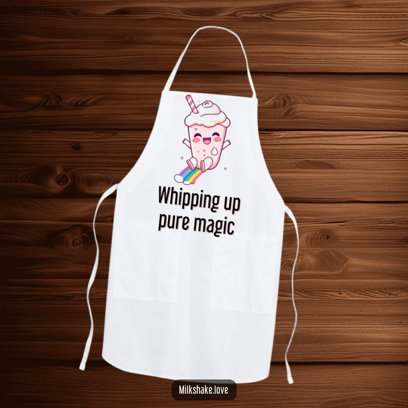 Funny milkshake character on a vibrant rainbow slide, adorning a practical and funny apron for kitchen fun.