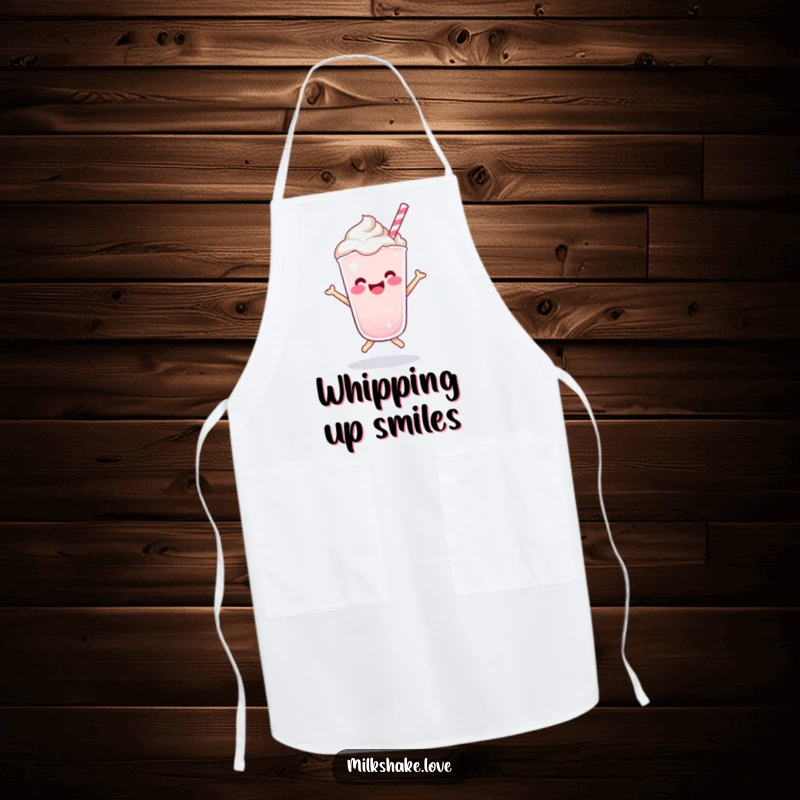 Funny Kawaii milkshake character doing a happy bounce on a kitchen apron, adding cheer to cooking activities.