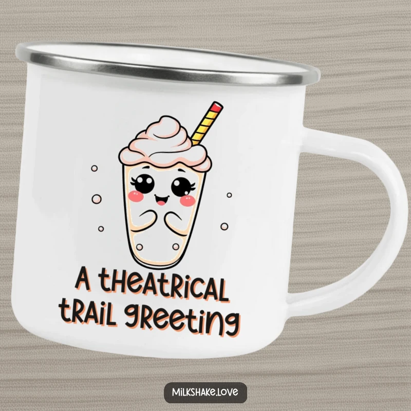 Funny milkshake camping mug with a bubbly drink in an exaggerated, comical bow, ideal for outdoor fun.
