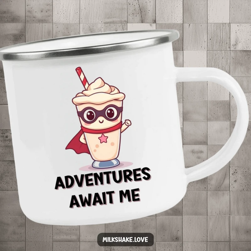Funny Kawaii milkshake superhero character adventuring with a durable camping mug, ready for outdoor fun.