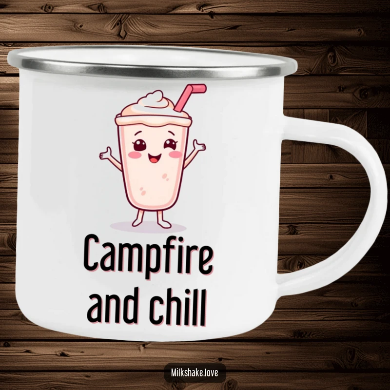 Funny Smiling Milkshake Camping Mug with a happy dancing milkshake with a straw, perfect for outdoor enjoyment.