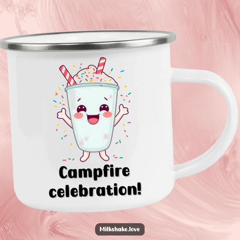 Funny camping mug with a happy milkshake character cheering with exploding colorful sprinkles.