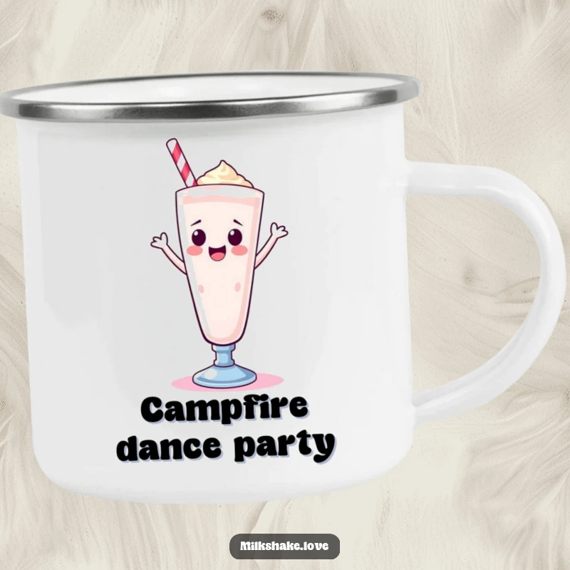 Funny Kawaii milkshake in a tall glass, dancing happily, on a sturdy camping mug for outdoor enjoyment and sweet vibes.