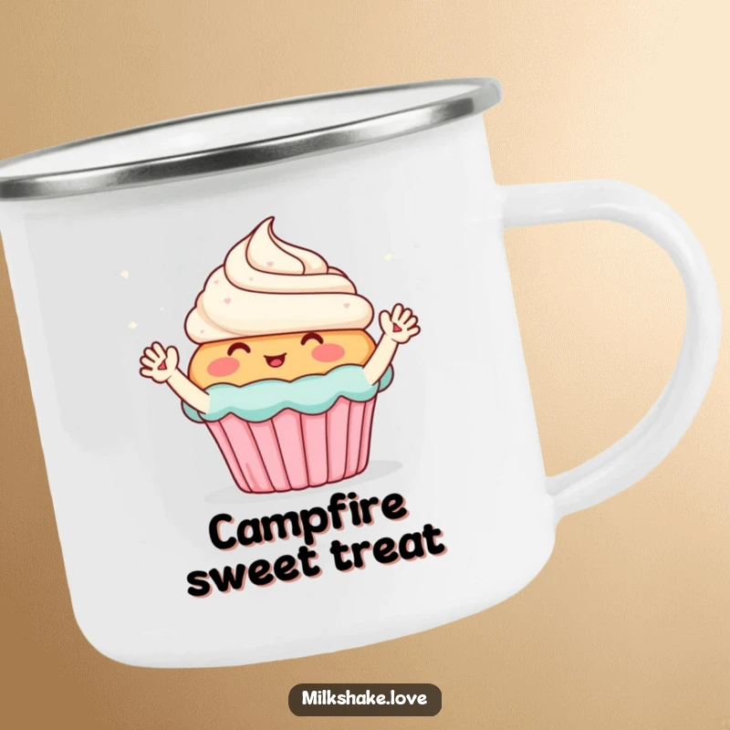 Funny camping mug featuring a blushing cupcake with small waving arms, enthusiastically greeting sparkles, ready for sweet outdoor fun.