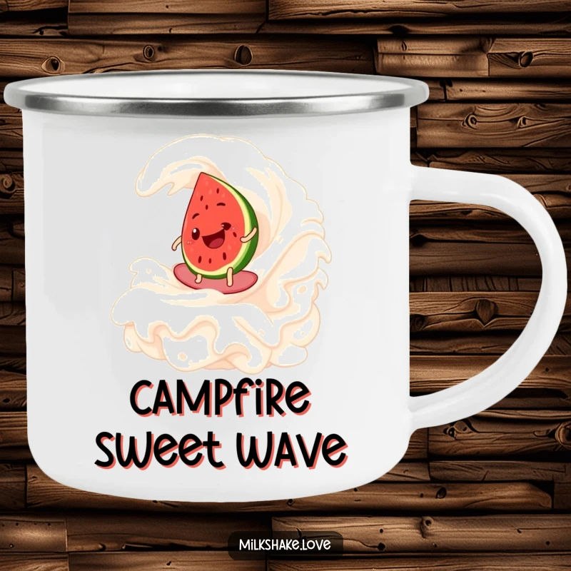 Funny Watermelon Surf Camping Mug showing a happy watermelon slice riding a whipped cream wave, perfect for enjoying drinks outdoors.