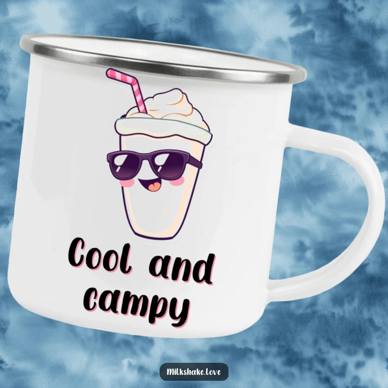 Funny kawaii milkshake character with a wide grin and sunglasses, a durable and humorous design for an enamel camping mug.