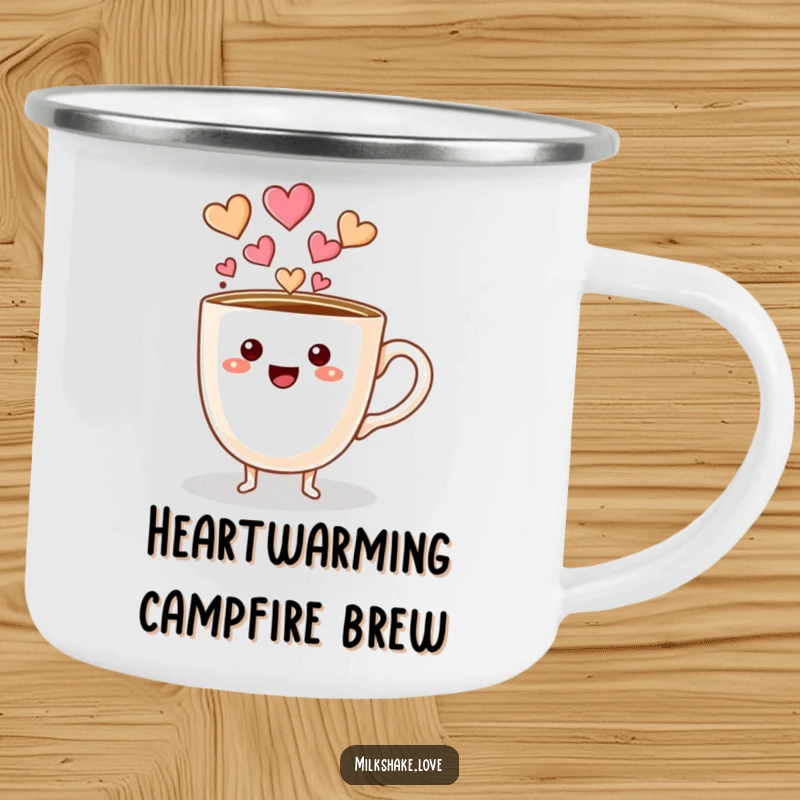Funny coffee cup character with tiny feet pouring hearts on a rugged camping mug, perfect for outdoor warmth.