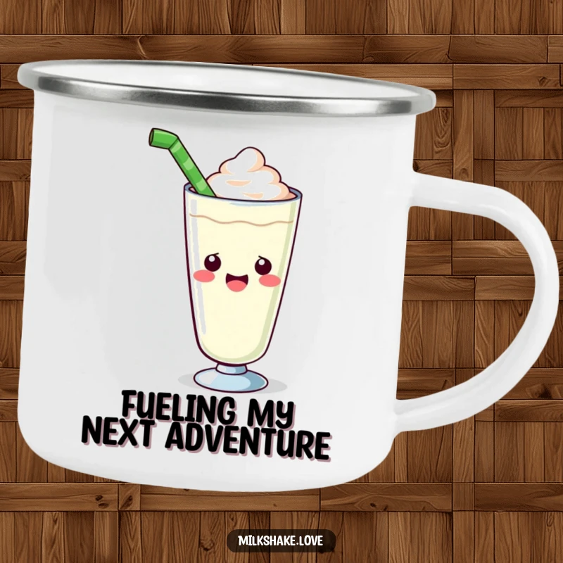 Funny kawaii milkshake camping mug with a cute glass enthusiastically offering a giant straw, perfect for adventurous and humorous outdoor drinks.