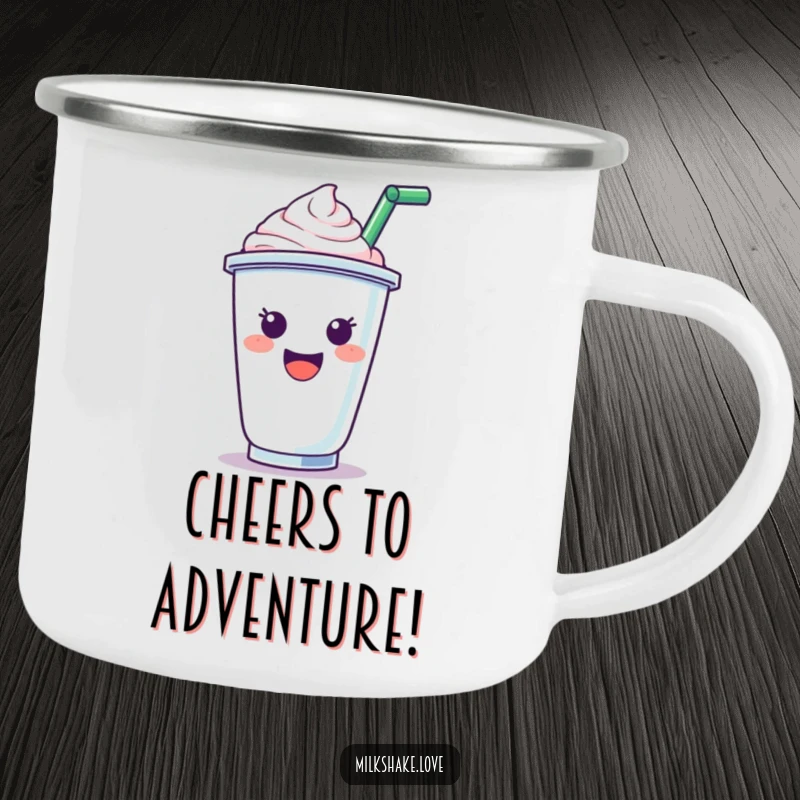 Funny Camping Mug: A durable mug with a cheering milkshake cup character, perfect for outdoor adventures and keeping spirits high.