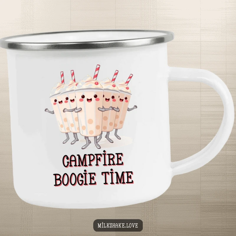 Funny camping mug with mini milkshakes in a synchronized dance, a humorous and durable companion for outdoor activities.