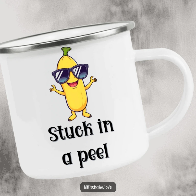 Funny camping mug with a giggling banana in oversized sunglasses, striking a retro disco pose, ideal for outdoor fun.
