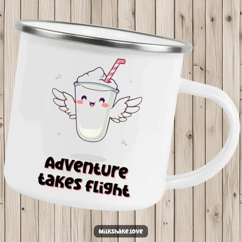 Funny camping mug with a milkshake sporting tiny wings, humorously attempting flight during an outdoor adventure.